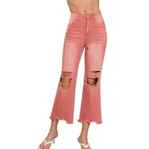 Washed Distressed Knee and Hem Cropped pants